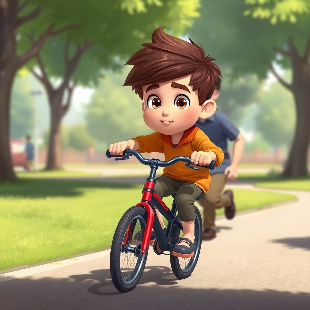 Ibrahim, 3 years old boy, energetic, patience, hardworking, pedaling his black and red bike more steadily in the park. He's looking straight ahead with concentration. His dad is still running alongside him. (sunny day:1.2), (determined:1.1).