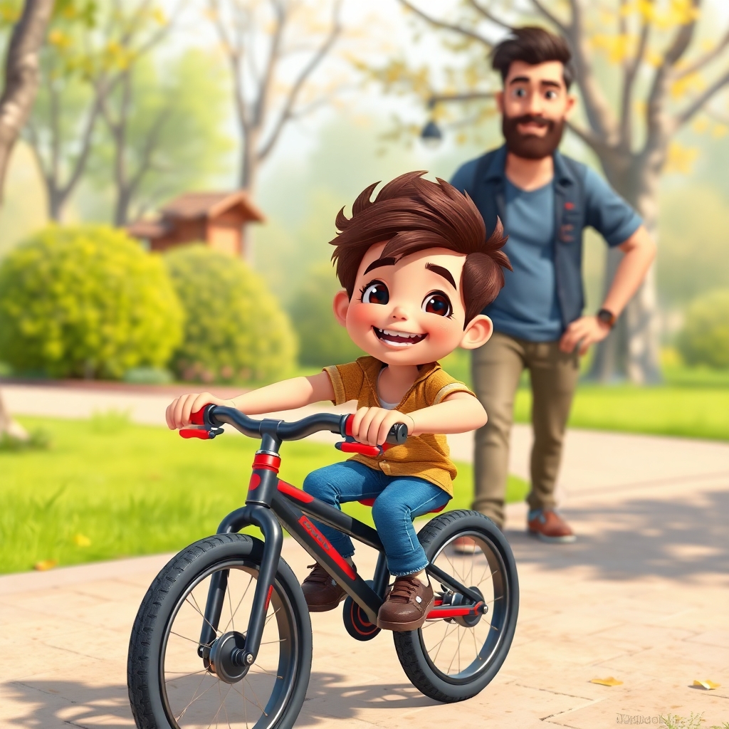 Ibrahim, 3 years old boy, energetic, patience, hardworking, riding his black and red bike independently in the park. He has a huge smile on his face. His dad is standing behind him, watching with pride. (joyful:1.3), (bright colors:1.2).