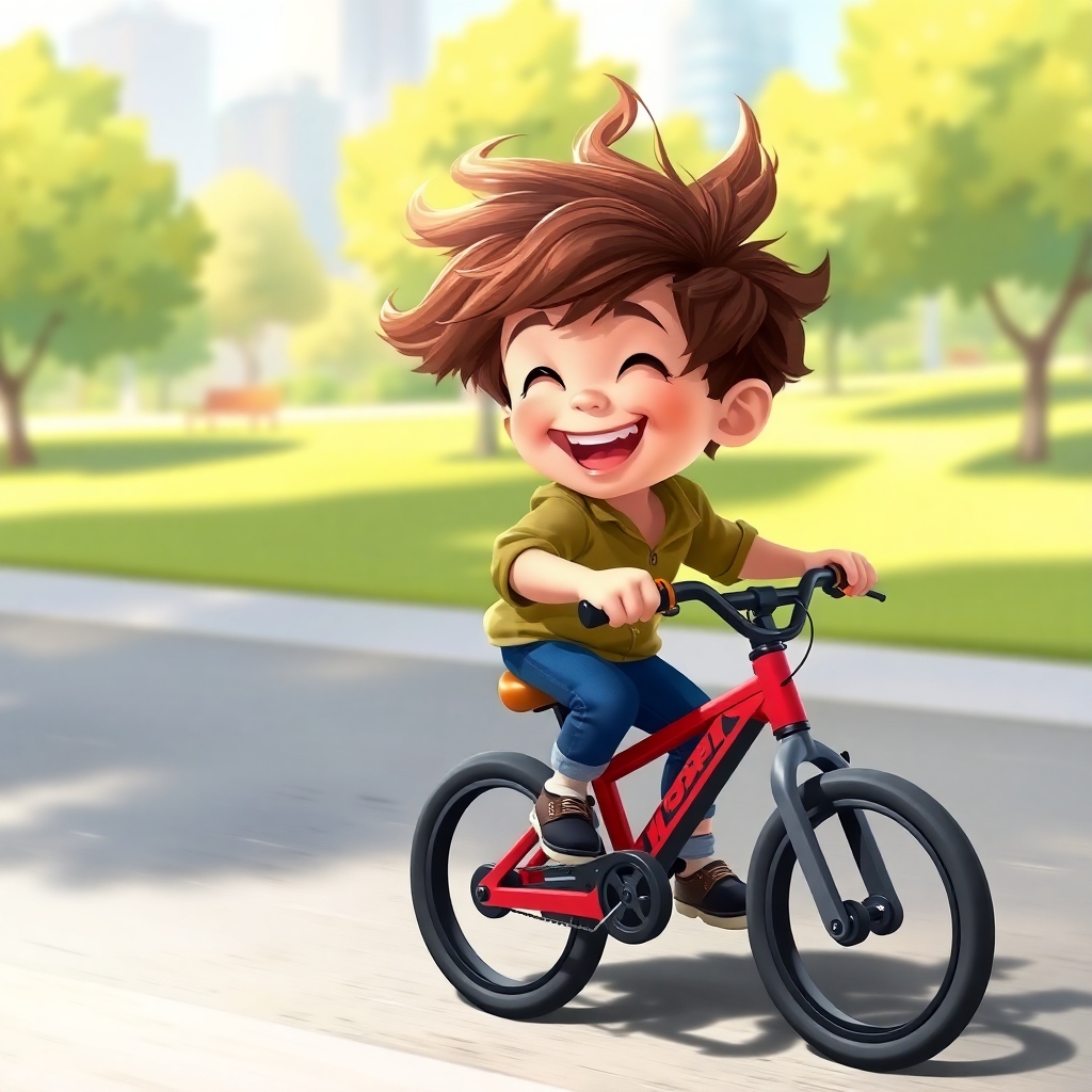 Ibrahim, 3 years old boy, energetic, patience, hardworking, riding his black and red bike quickly through the park. His hair is blowing in the wind, and he's laughing with joy. (bright colors:1.3), (park:1.2).