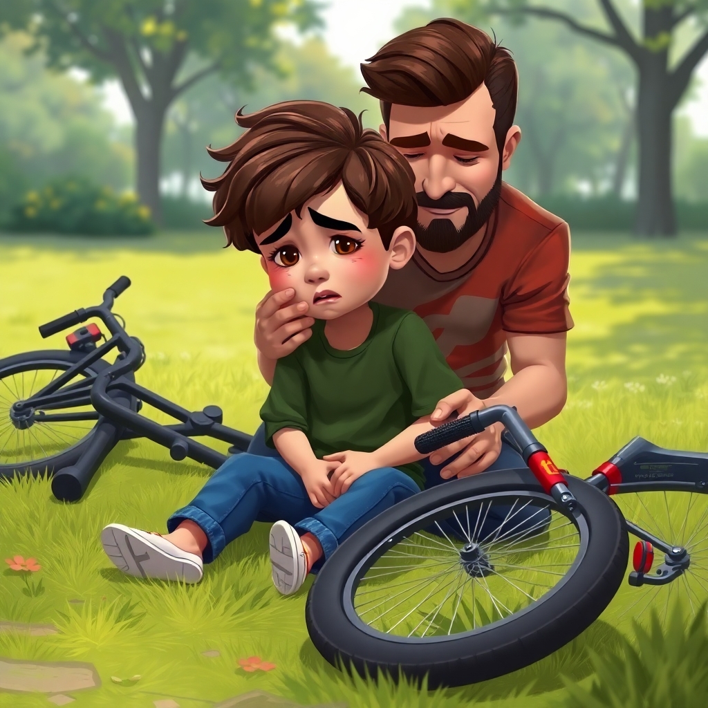 Ibrahim, 3 years old boy, energetic, patience, hardworking, sitting on the grass, crying. His dad is kneeling beside him, comforting him. The black and red bike lies on its side nearby. (sad:1.3), (park:1.2).