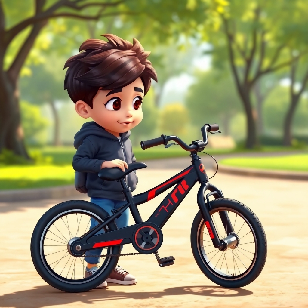 Ibrahim, 3 years old boy, energetic, patience, hardworking, stands beside his brand-new black and red bike in a sunny park. He is looking at the bike with anticipation and a determined expression. The scene captures the excitement and challenge of learning to ride for the first time. (bright colors:1.3), (sunny day:1.2).