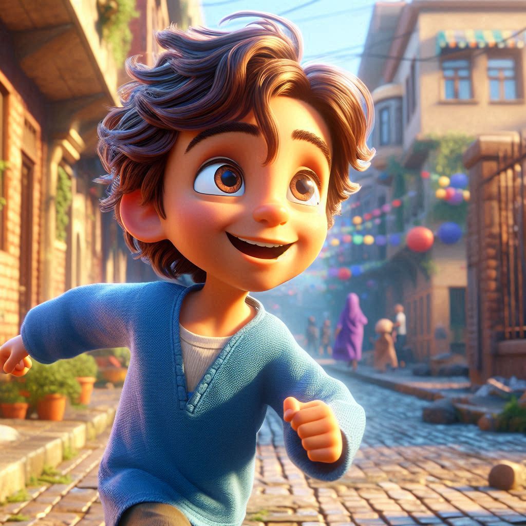 Ibrahim, 3 years old boy, brown wavy hair, wears blue clothes, joyful, energetic, strong and helpful, playing in a vibrant Istanbul neighborhood. The scene is filled with (bright colors:1.3) and the (warm sunlight:1.2) of a beautiful morning. (Side view:1.1), (full shot).