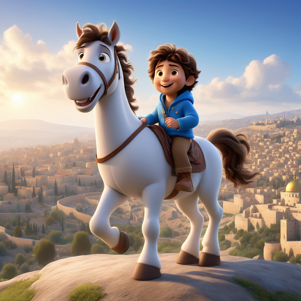 Ibrahim, 3 years old boy, brown wavy hair, wears blue clothes, joyful, energetic, strong and helpful, and a white strong and happy horse, standing on a mountaintop, overlooking Jerusalem in the distance. (Bright sunlight:1.3), (vibrant colors:1.2). (Panoramic view:1.4).