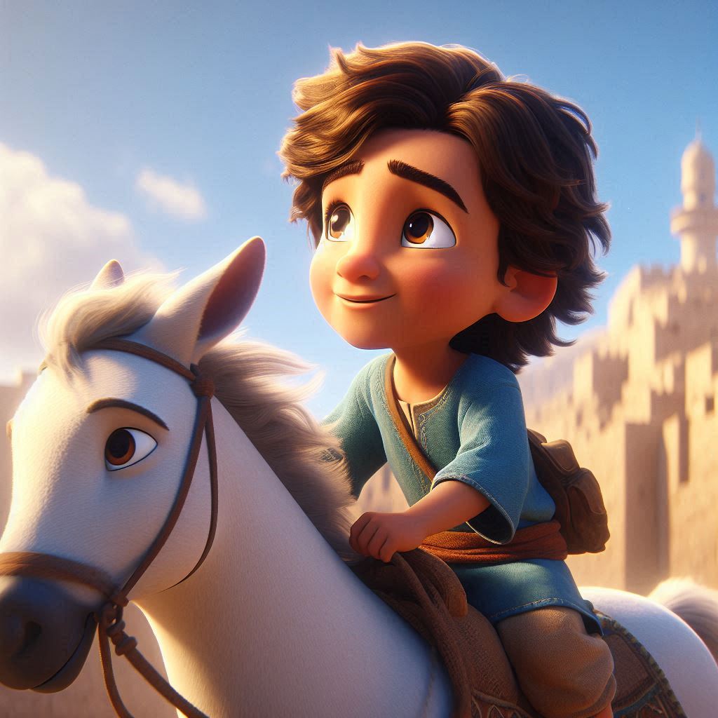 Ibrahim, 3 years old boy, brown wavy hair, wears blue clothes, joyful, energetic, strong and helpful, riding a white strong and happy horse towards Jerusalem. He has a thoughtful expression on his face. (Warm afternoon light:1.3), (earthy tones:1.2). (Side view:1.1), (medium shot).