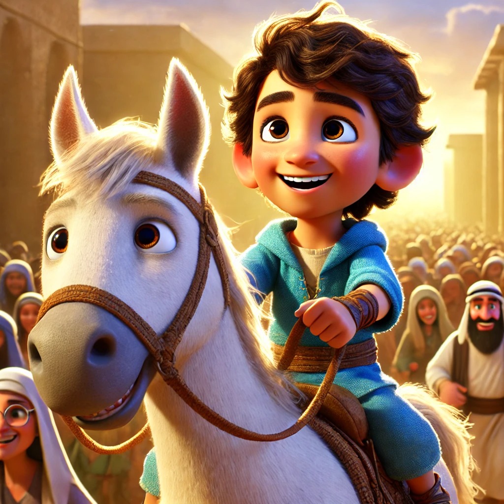 Ibrahim, 3 years old boy, brown wavy hair, wears blue clothes, joyful, energetic, strong and helpful, riding a white strong and happy horse into Jerusalem, greeted by a crowd of happy people. (Golden sunlight:1.3), (warm colors:1.2). (Full shot:1.1).