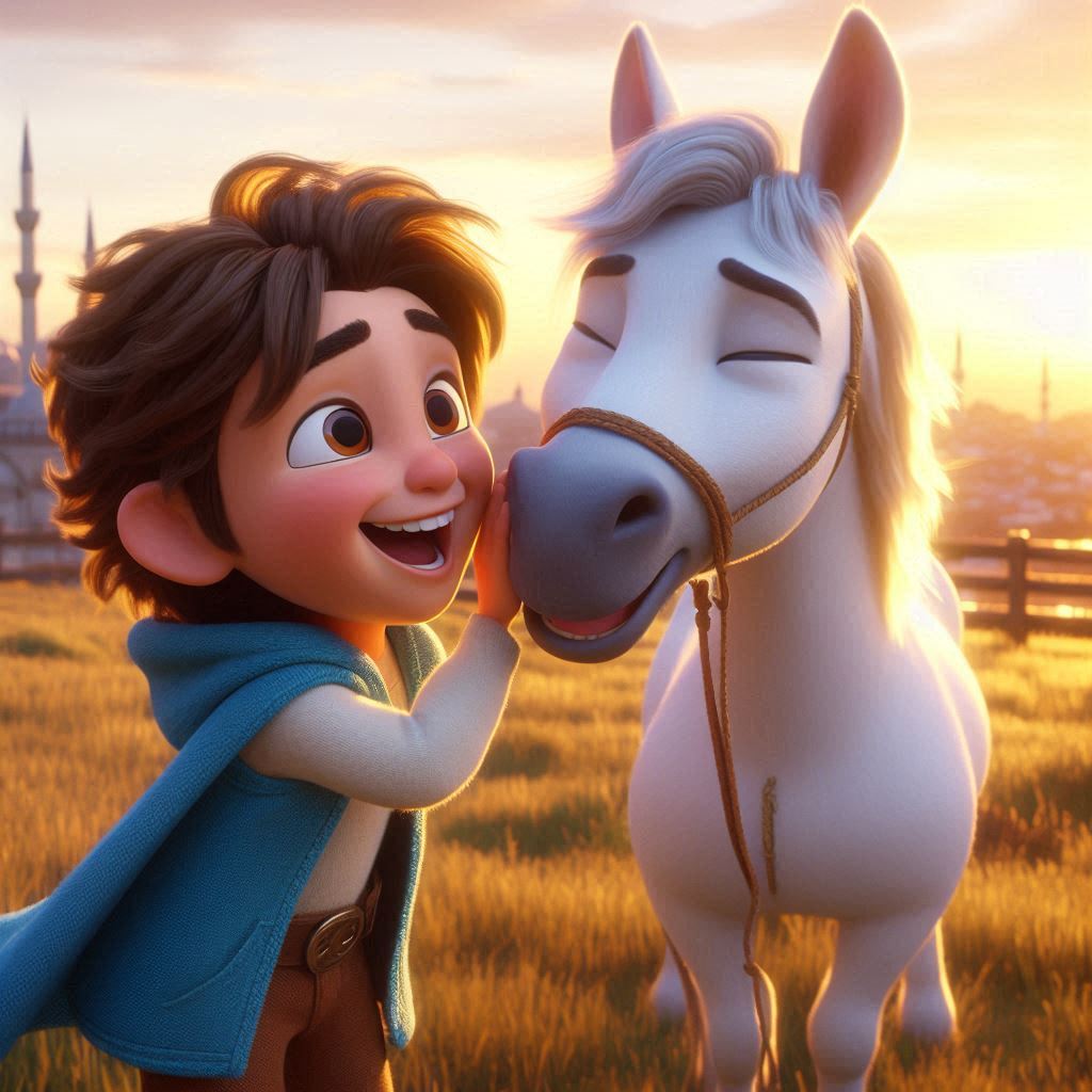 Ibrahim, 3 years old boy, brown wavy hair, wears blue clothes, joyful, energetic, strong and helpful, whispering his dreams into the ear of a white strong and happy horse. They are standing in a field with Istanbul visible in the background. (Golden hour light:1.3). (Side view:1.1).