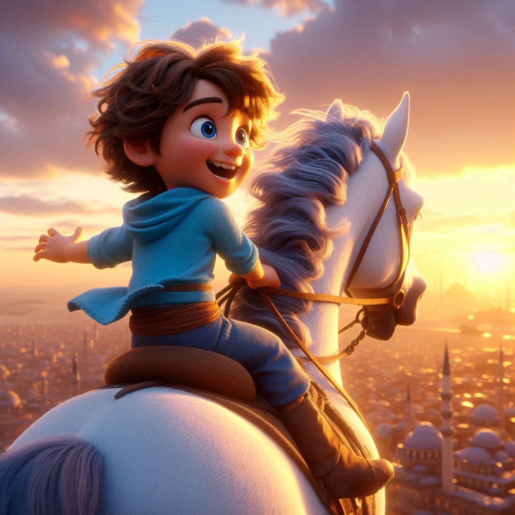 Ibrahim, 3 years old boy, brown wavy hair, wears blue clothes, joyful, energetic, strong and helpful, riding a white strong and happy horse away from Istanbul at sunrise. The (morning sky:1.4) is filled with (warm colors:1.3). (Back view:1.1), (full shot).
