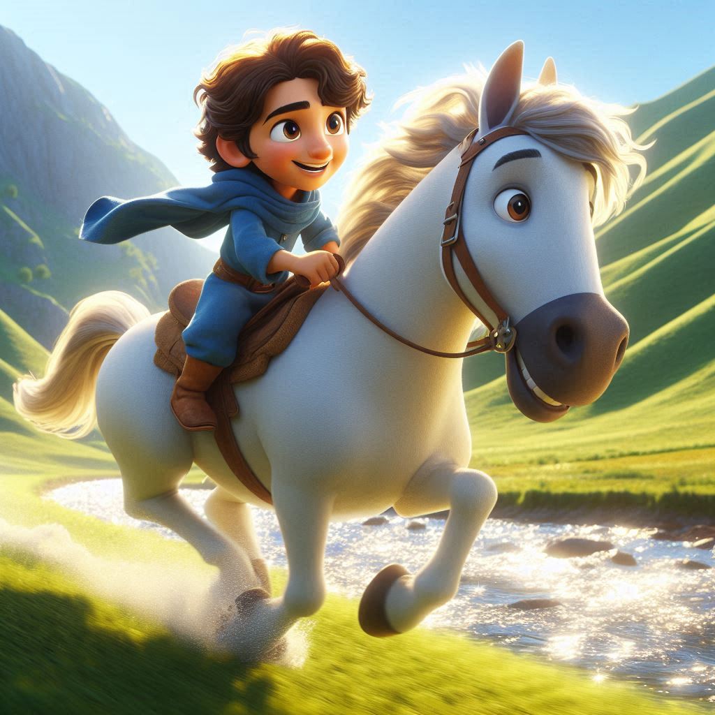 Ibrahim, 3 years old boy, brown wavy hair, wears blue clothes, joyful, energetic, strong and helpful, riding a white strong and happy horse through rolling hills. A sparkling river flows beside their path. (Bright daylight:1.3), (natural colors:1.2). (Side view:1.1), (medium shot).