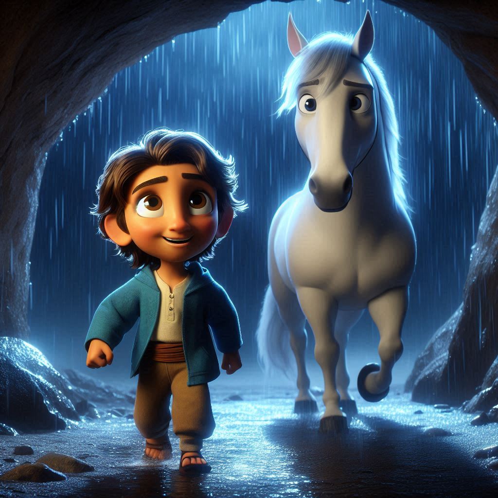 Ibrahim, 3 years old boy, brown wavy hair, wears blue clothes, joyful, energetic, strong and helpful, and a white strong and happy horse, seeking shelter in a cave during a thunderstorm. (Dark sky:1.3), (rainy:1.2). (Medium shot:1.1).
