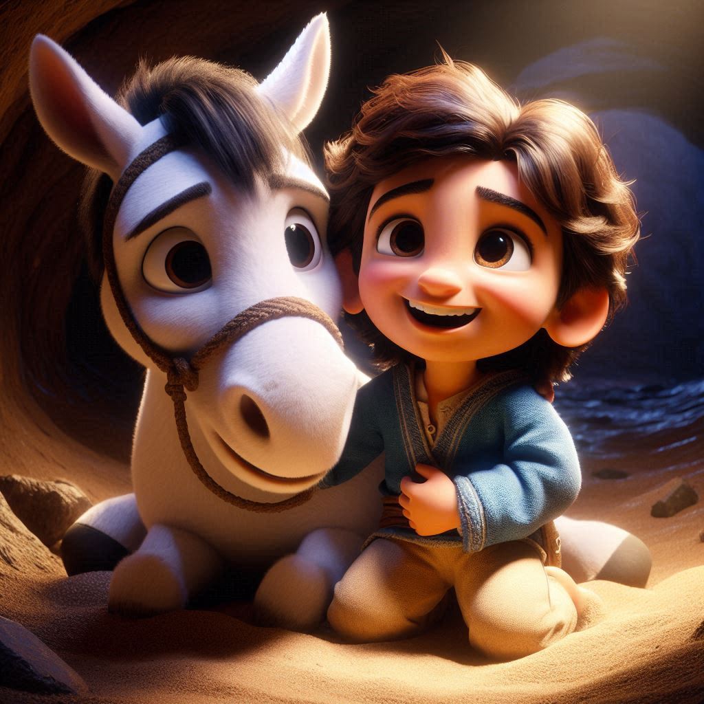 Ibrahim, 3 years old boy, brown wavy hair, wears blue clothes, joyful, energetic, strong and helpful, and a white strong and happy horse, inside a dimly lit cave. They are huddled together for warmth. (Soft light:1.2), (muted colors:1.1). (Close-up:1.3).
