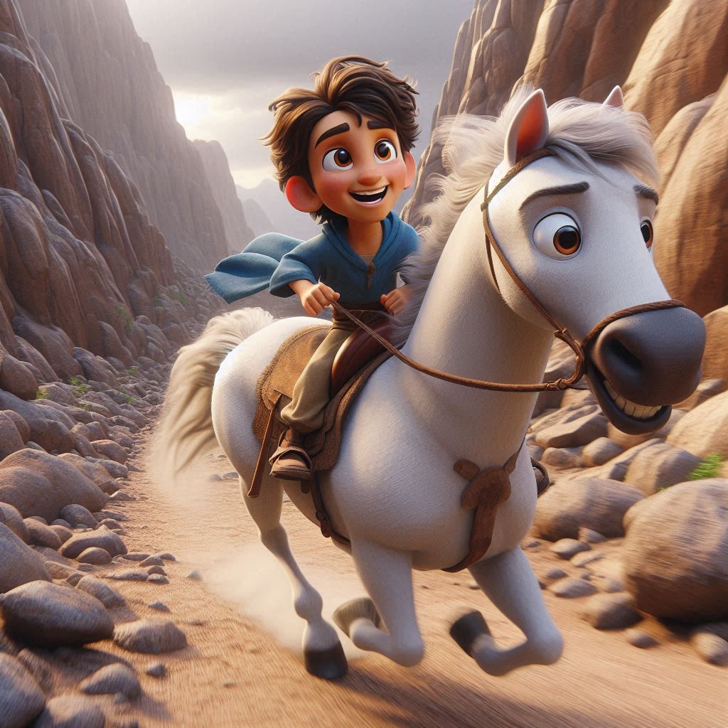 Ibrahim, 3 years old boy, brown wavy hair, wears blue clothes, joyful, energetic, strong and helpful, riding a white strong and happy horse on a narrow, rocky mountain path. The landscape is rugged and challenging. (Overcast sky:1.2), (earthy colors:1.1). (Wide shot:1.3).