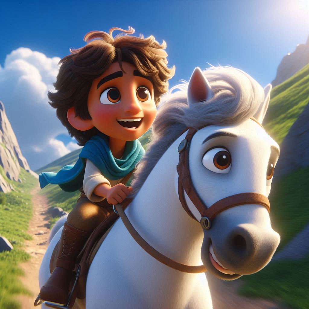 Ibrahim, 3 years old boy, brown wavy hair, wears blue clothes, joyful, energetic, strong and helpful, looking determined while riding a white strong and happy horse up a steep mountain path. (Bright sunlight:1.3), (clear sky:1.2). (Side view:1.1), (medium shot).