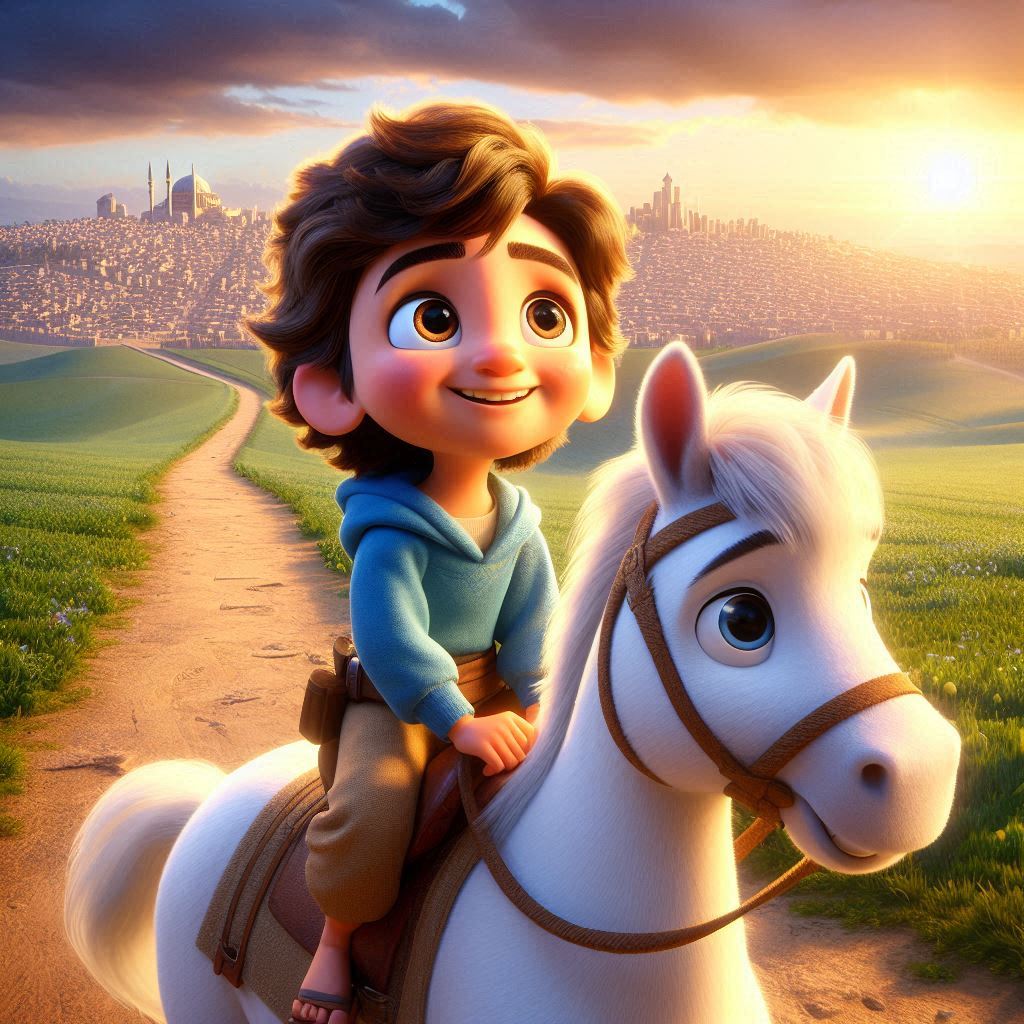 Ibrahim, 3 years old boy, brown wavy hair, wears blue clothes, joyful, energetic, strong and helpful, is sitting on a white strong and happy horse, looking towards a path leading to Jerusalem. In the background, the skyline of Istanbul meets the distant landscape of Jerusalem under a bright, hopeful sky. (Warm colors:1.3), (bright sunlight:1.2), (detailed landscape:1.1). Full shot.