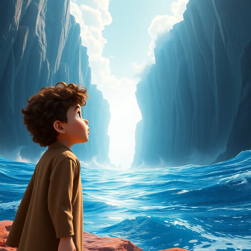 İbrahim , toddler boy with brown curly hair, medium skin color, wearing Islamic clothing, A toddler boy, İbrahim, looks in awe at a massive sea splitting in two., The edge of the Red Sea, with towering walls of water on either side., Bright, divine light shining through the gap in the sea. and Awestruck, amazed, and slightly scared., Pixar-like character design, octane render, highly detailed., Low angle, wide shot capturing the vastness of the sea and the small figure of İbrahim., 