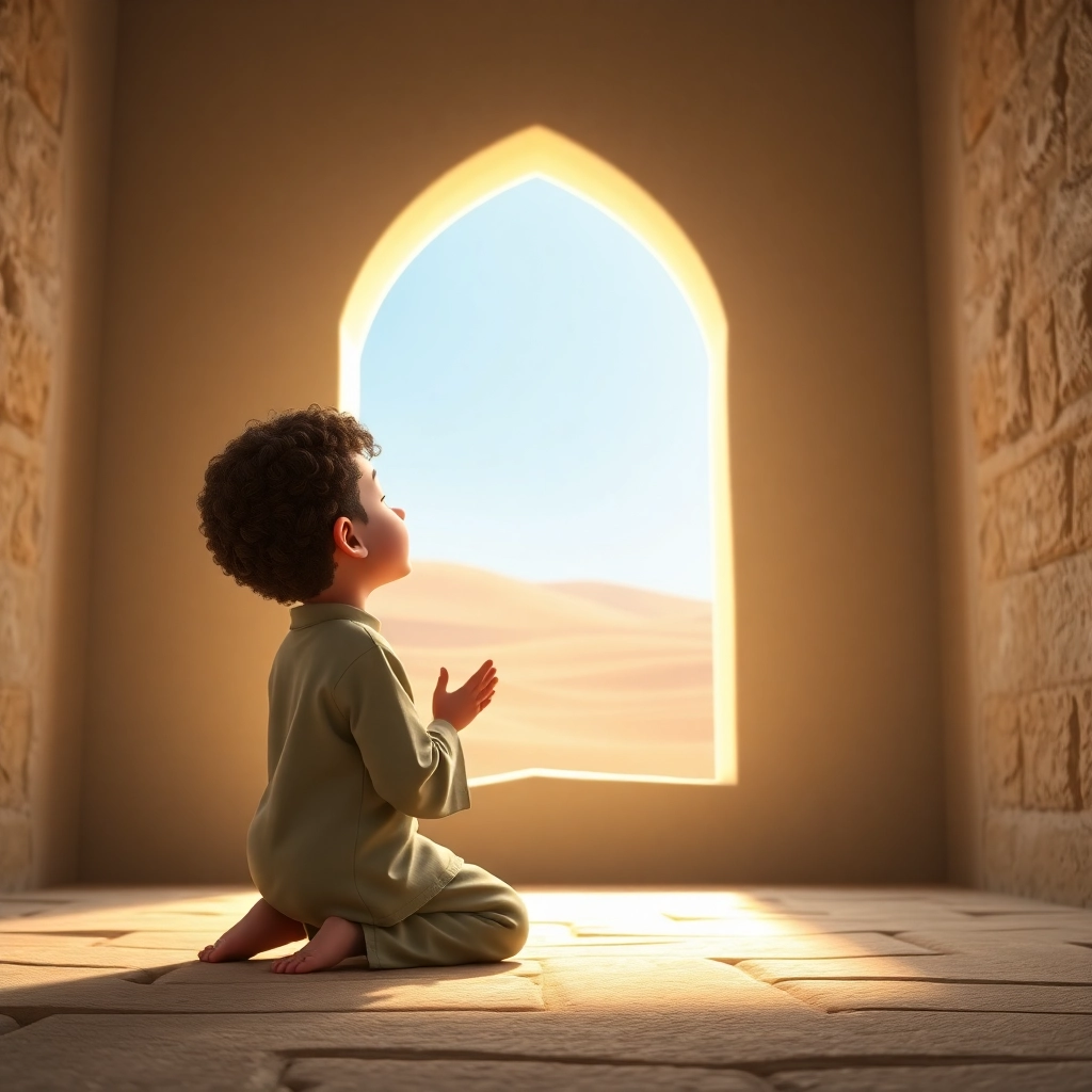 İbrahim , toddler boy with brown curly hair, medium skin color, wearing Islamic clothing, İbrahim closes his eyes and prays quietly., His bedroom., Soft, ambient light. and Peaceful and faithful., Pixar-like character design, octane render, highly detailed., Medium shot focusing on İbrahim's face.,