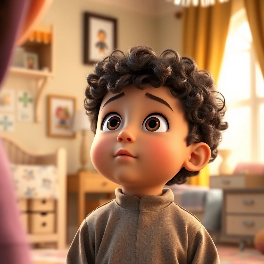 İbrahim , toddler boy with brown curly hair, medium skin color, wearing Islamic clothing, İbrahim looks up at his mother with wide eyes, listening intently., A warmly decorated nursery., Soft, diffused light. and Curious and excited., Pixar-like character design, octane render, highly detailed., Medium shot focusing on İbrahim's expression.,