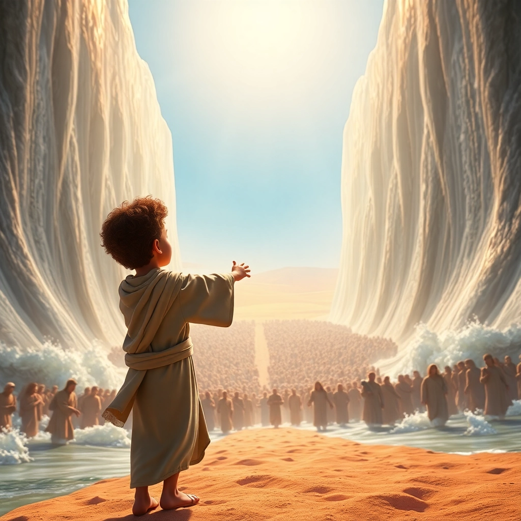 İbrahim , toddler boy with brown curly hair, medium skin color, wearing Islamic clothing, Moses leads his people through the parted Red Sea., Sea with towering walls of water on either side., Bright sunlight illuminating the path. and Hopeful and determined., Pixar-like character design, octane render, highly detailed., Wide shot showing the scale of the event.,