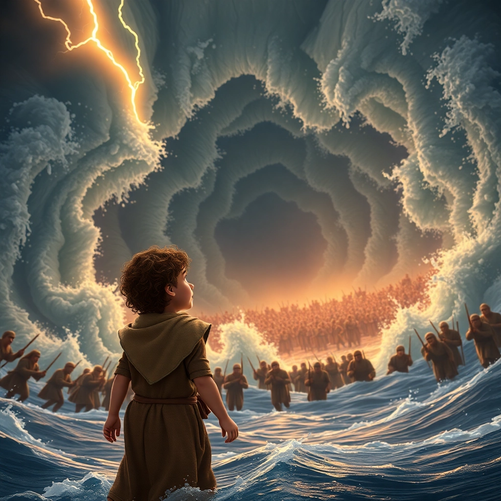 İbrahim , toddler boy with brown curly hair, medium skin color, wearing Islamic clothing, The Red Sea collapses on Pharaoh's army., The Red Sea., Dark and ominous. and Chaotic and destructive., Pixar-like character design, octane render, highly detailed., Overhead shot showing the sea engulfing the army.,