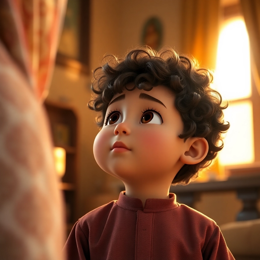 İbrahim , toddler boy with brown curly hair, medium skin color, wearing Islamic clothing, İbrahim listens intently to his mother, looking impressed., The cozy living room., Warm, natural light. and Reflective and admiring., Pixar-like character design, octane render, highly detailed., Close-up on İbrahim's face.,