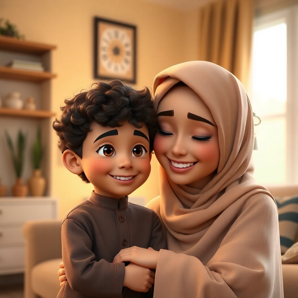 İbrahim , toddler boy with brown curly hair, medium skin color, wearing Islamic clothing, İbrahim and his mother share a knowing smile., The warmly lit living room., Soft, indoor lighting. and Loving and comforting., Pixar-like character design, octane render, highly detailed., Medium shot showing both of them.,