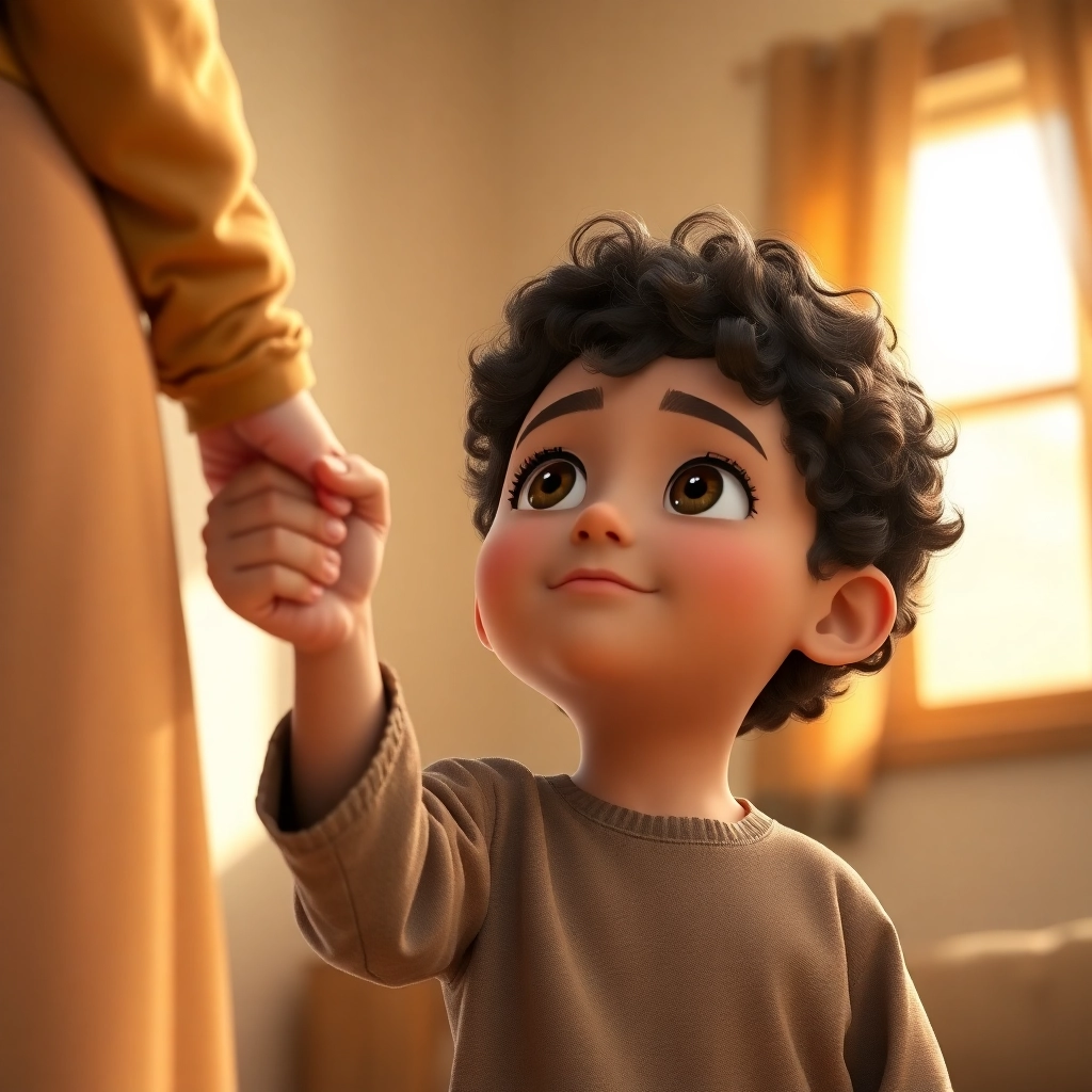 İbrahim , toddler boy with brown curly hair, medium skin color, wearing Islamic clothing, İbrahim holds his mother's hand, feeling reassured., A peaceful room with sunlight., Gentle, warm light. and Content and secure., Pixar-like character design, octane render, highly detailed., Close-up on their hands.,
