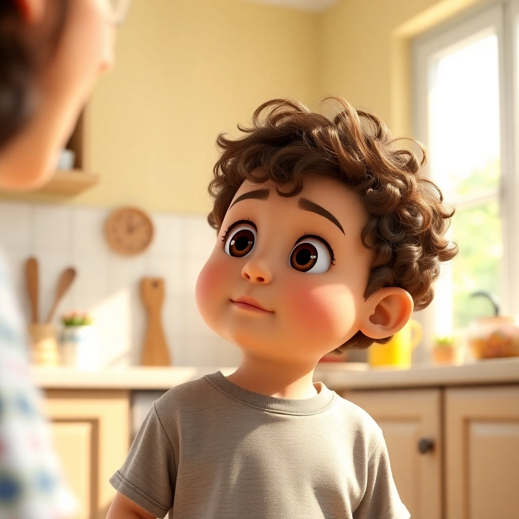 İbrahim , toddler boy with brown curly hair, medium skin color, wearing Casual clothing, Asks his mother a question with a curious expression., Bright and sunny kitchen with a view of a garden., Natural sunlight streaming through the window. and Inquisitive and innocent., Pixar-like character design, octane render, highly detailed., Medium shot of İbrahim looking up at his mother.,