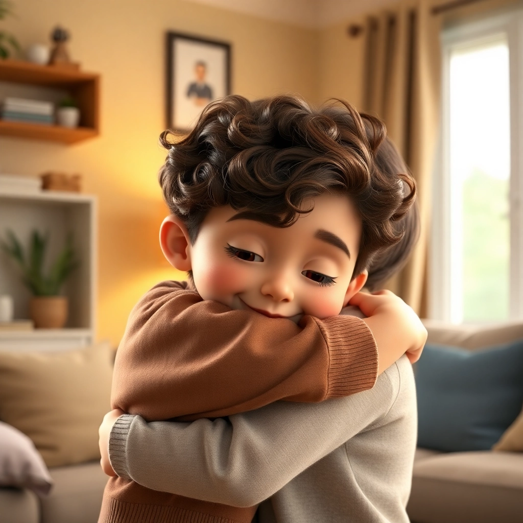 İbrahim , toddler boy with brown curly hair, medium skin color, wearing Casual clothing, Hugs his mother tightly., Cozy living room setting., Warm, soft light. and Affectionate and secure., Pixar-like character design, octane render, highly detailed., Close-up shot of the hug between İbrahim and his mother.,