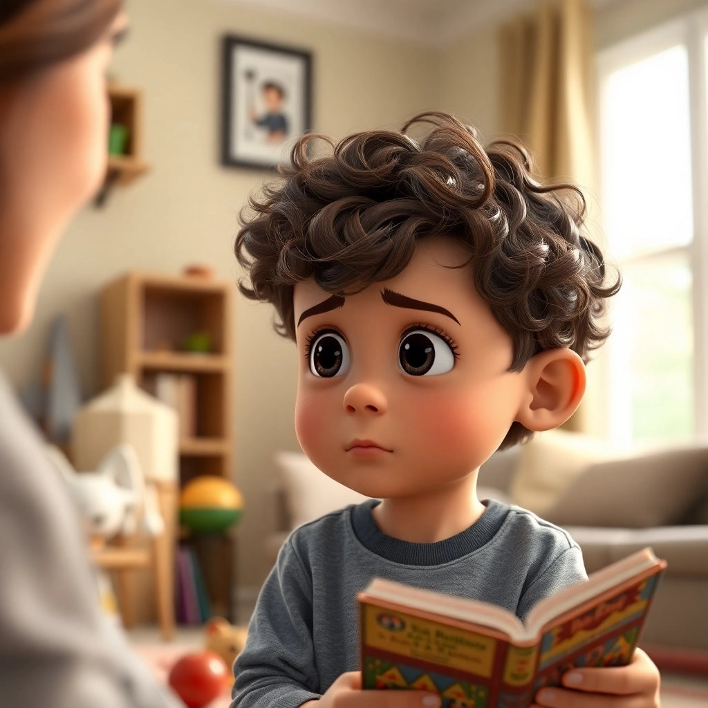 İbrahim , toddler boy with brown curly hair, medium skin color, wearing Casual clothing, Listens to his mother telling a story, looking slightly concerned., Comfortable living room with toys scattered around., Soft, diffused light from a nearby window. and Attentive and thoughtful., Pixar-like character design, octane render, highly detailed., Close-up of İbrahim's face showing concern.,