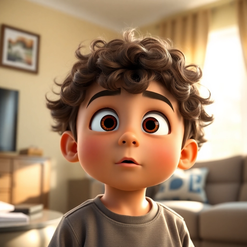 İbrahim , toddler boy with brown curly hair, medium skin color, wearing Casual clothing, Eyes widen in surprise and curiosity., Living room, with sunlight coming through the window., Bright daylight. and Surprised and intrigued., Pixar-like character design, octane render, highly detailed., Close-up of İbrahim's face.,