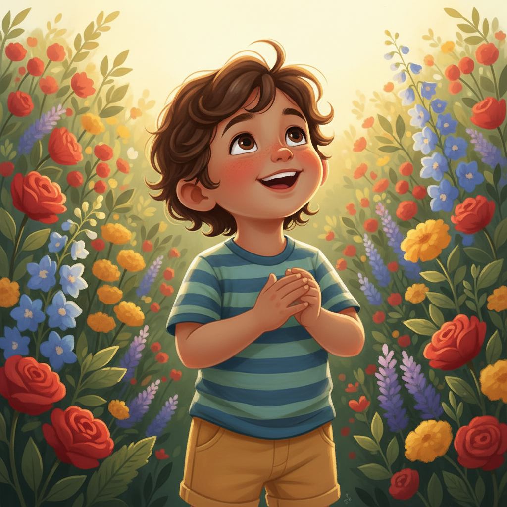 İbrahim, toddler boy with brown wavy hair, medium skin color, wearing Casual clothing, a toddler boy with brown wavy hair and medium skin color looking up at the sky with a thankful smile, a lush green garden with blooming colorful flowers, bright and warm golden hour sunlight and joyful and spiritual, Illustration for Children's Book Style, medium shot focusing on the boy's expressive face,