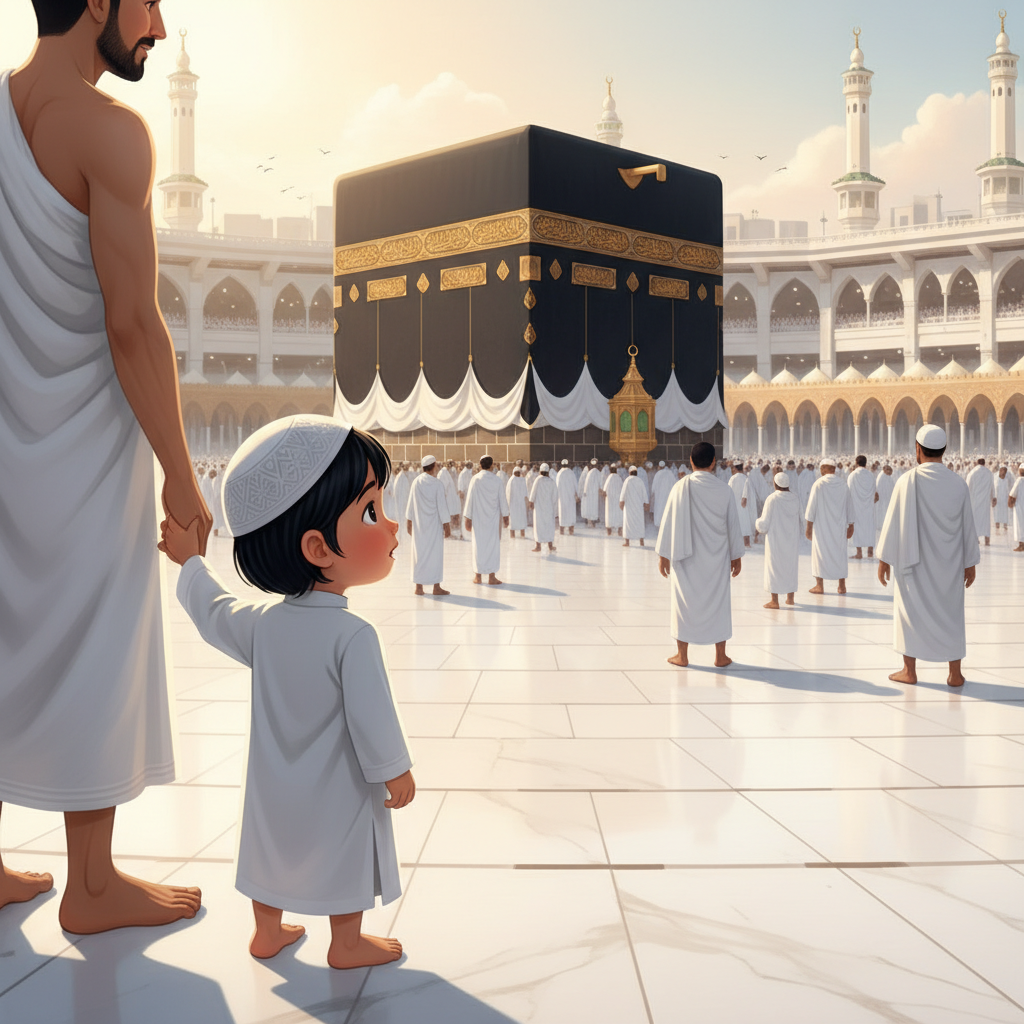 Salih, toddler boy with black straight hair, medium skin color, wearing Islamic clothing, toddler boy Salih with black straight hair holding his father's hand and looking at the Kaaba in awe, the grand courtyard of Masjid al-Haram in Mecca with many people in the background, bright, warm afternoon sunlight reflecting off the white marble floor and spiritual and wonder-filled, Illustration of children's book style, wide shot showing Salih from the side with the majestic Kaaba in the center,