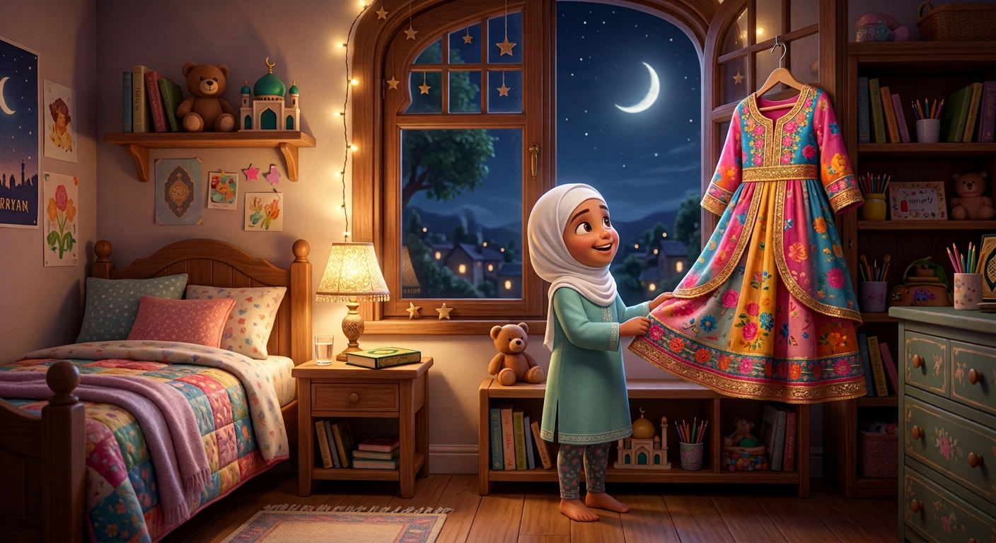 Leyla , young child girl with brown bun hair, medium skin color, wearing Islamic clothing, stands by a window looking at her new colorful holiday dress, a cozy bedroom with a view of a thin crescent moon in the night sky, soft moonlight mixed with warm indoor lamp light and anticipation and pure joy, Pixar Style, wide shot showing Leyla and her room details,