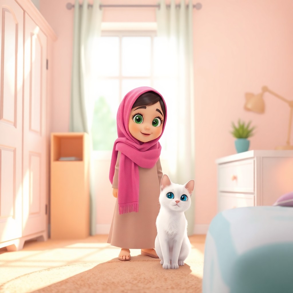 Maryam, 7 years old muslim girl, wears scarf, green eyes, helpful, energetic, lovely, stands in her brightly lit bedroom. (Snowbell, a white cat with blue eyes, energetic, curious:1.1), sits near her feet. The morning light streams through the window, creating a (warm glow:1.3). (Pastel colors:1.4) dominate the room, emphasizing its cheerful atmosphere. Side view, medium shot.