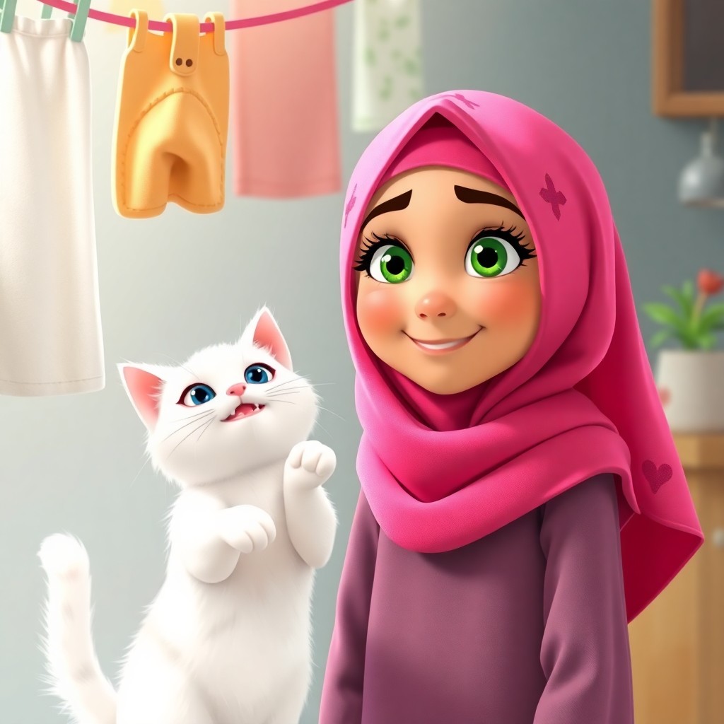 (Snowbell, a white cat with blue eyes, energetic, curious:1.1), playfully bats at hanging laundry. Maryam, 7 years old muslim girl, wears scarf, green eyes, helpful, energetic, lovely, and her mother smile at each other. (Warm, inviting:1.3) atmosphere. Front view, full shot.