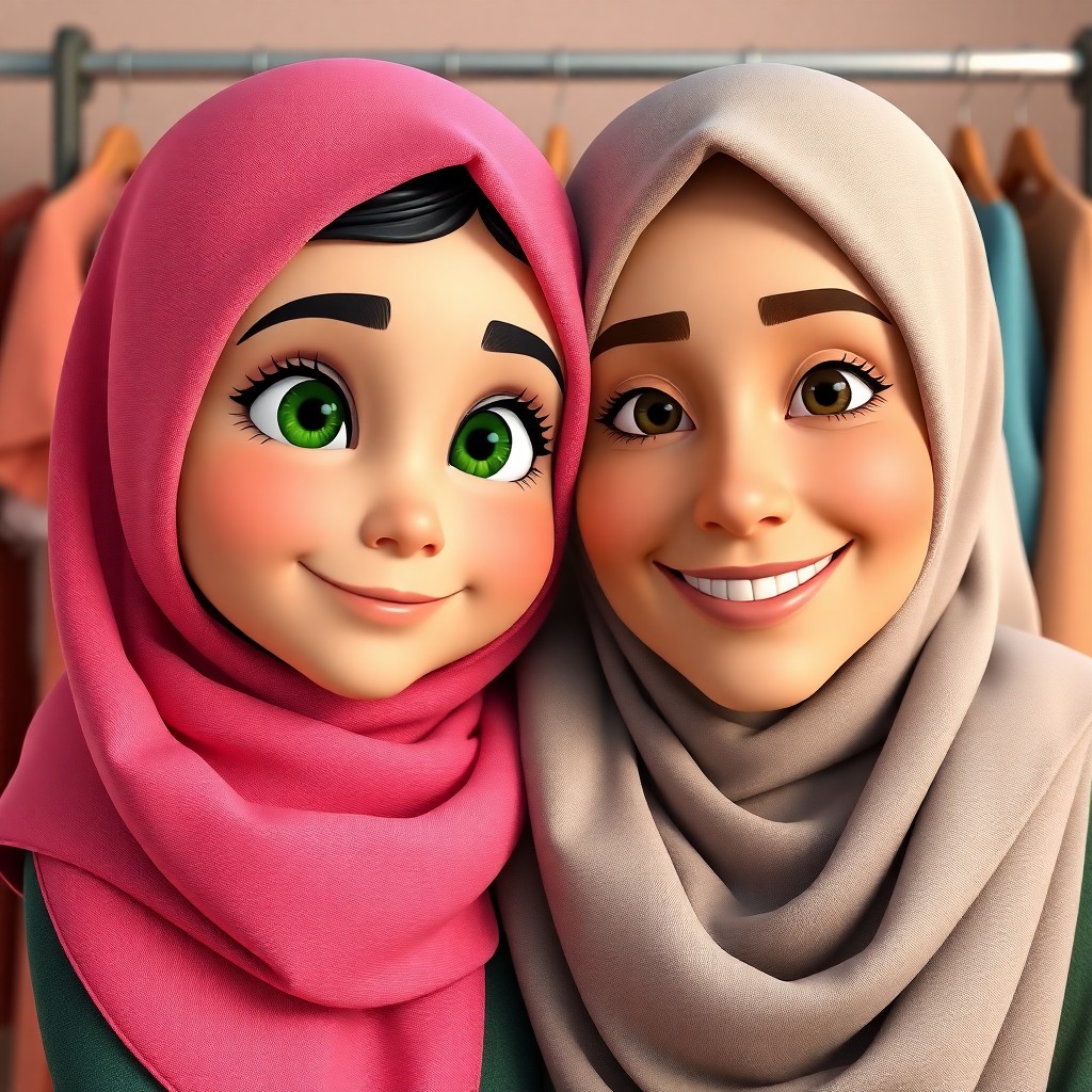 Maryam, 7 years old muslim girl, wears scarf, green eyes, helpful, energetic, lovely, is hugged by her mother. They both smile. The clothes rack stands behind them. (Soft, warm lighting:1.3). Close-up, medium shot.