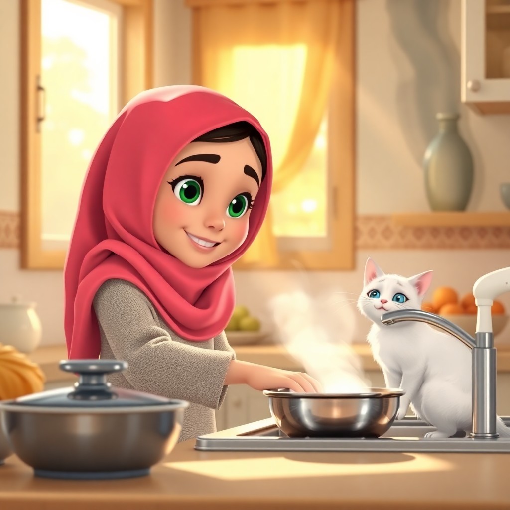 Maryam, 7 years old muslim girl, wears scarf, green eyes, helpful, energetic, lovely, helps her mother in the kitchen, washing dishes. (Snowbell, a white cat with blue eyes, energetic, curious:1.1), watches from the counter. (Bright, cheerful:1.3) atmosphere. The setting is a cozy kitchen with (warm sunlight streaming:1.4) through the window. Side view, full shot.