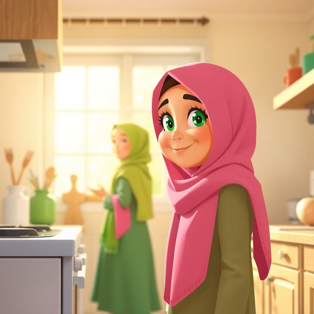 Maryam, 7 years old muslim girl, wears scarf, green eyes, helpful, energetic, lovely, enters a sunny kitchen. Her mother stands at the stove, smiling. (Morning light:1.3) fills the room with (warm colors:1.4). Side view, medium shot.