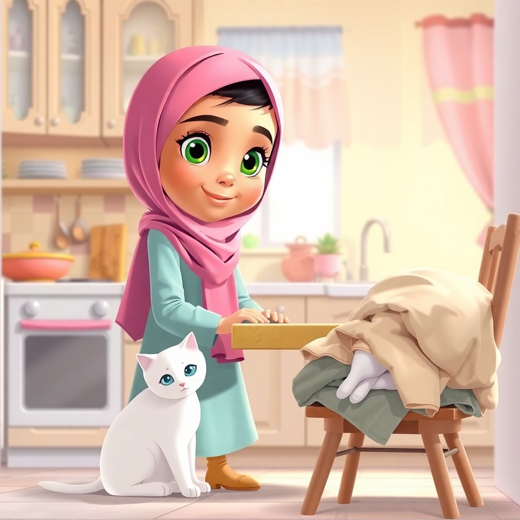 Maryam, 7 years old muslim girl, wears scarf, green eyes, helpful, energetic, lovely, sets the table in the kitchen. (Snowbell, a white cat with blue eyes, energetic, curious:1.1), rubs against her legs. A pile of unfolded laundry sits on a nearby chair. Warm, bright lighting. Side view, full shot.