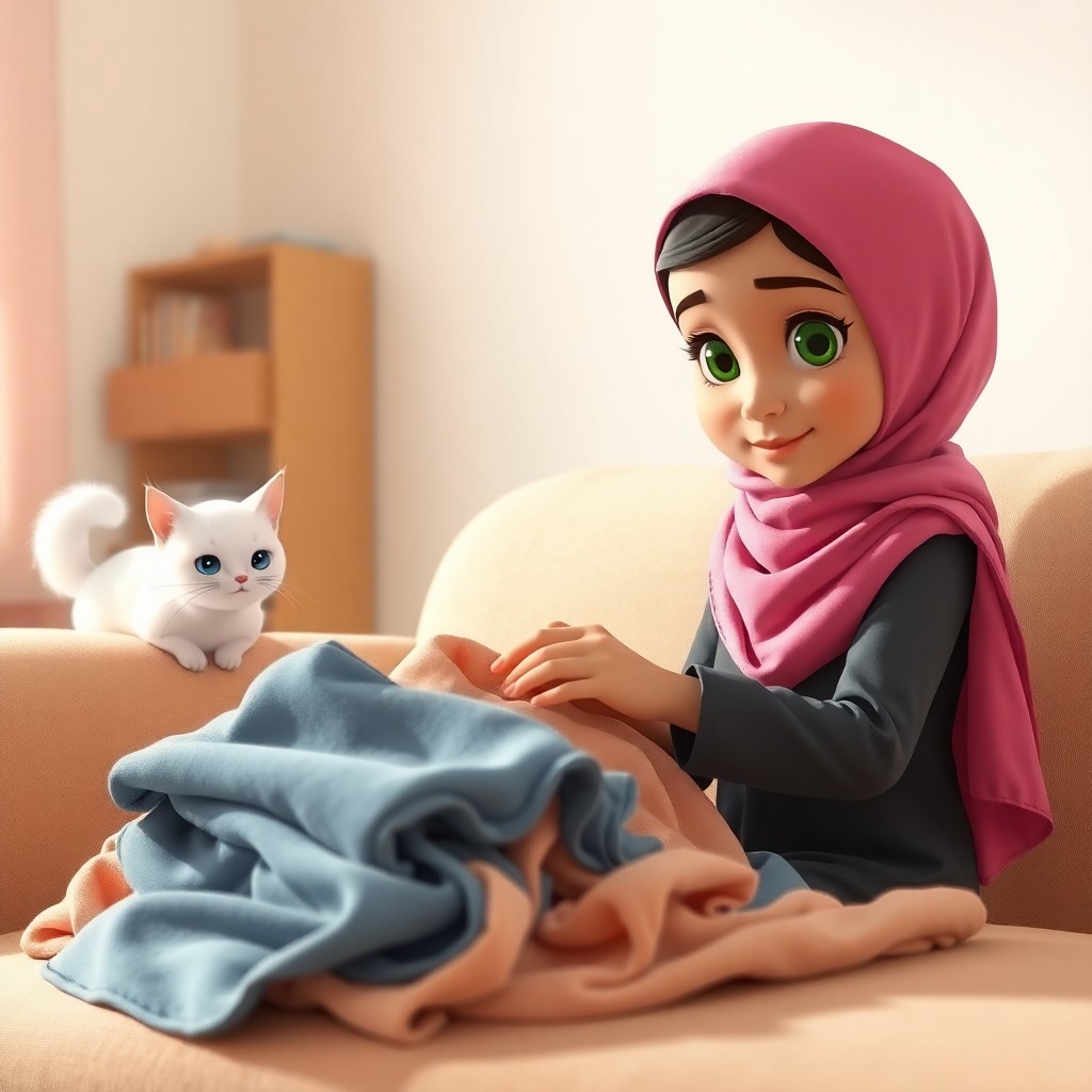 Maryam, 7 years old muslim girl, wears scarf, green eyes, helpful, energetic, lovely, and her mother stand in the living room, looking at a pile of laundry. (Snowbell, a white cat with blue eyes, energetic, curious:1.1), watches from the sofa. (Soft, natural light:1.3). Side view, medium shot.