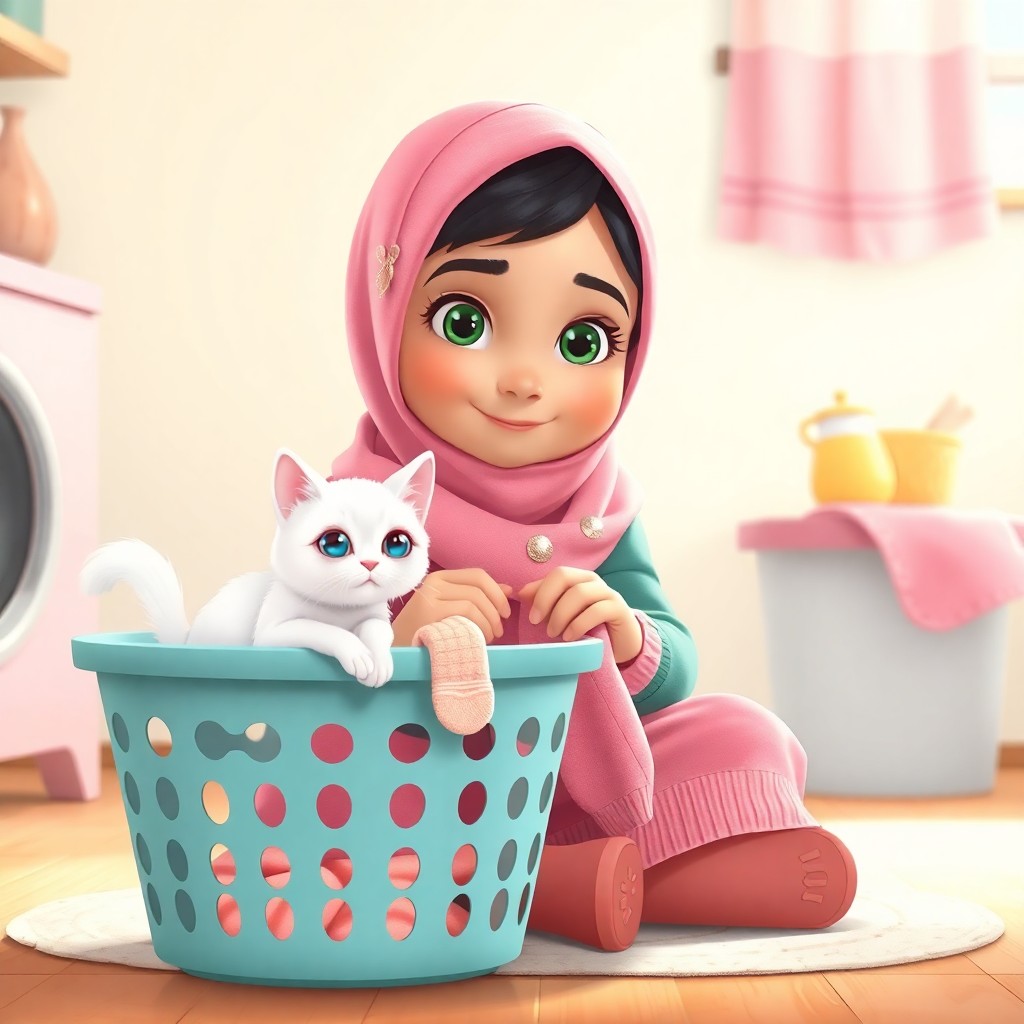 Maryam, 7 years old muslim girl, wears scarf, green eyes, helpful, energetic, lovely, folds socks while sitting on the floor. (Snowbell, a white cat with blue eyes, energetic, curious:1.1), plays inside the laundry basket. (Bright, cheerful:1.3) atmosphere. Front view, medium shot.