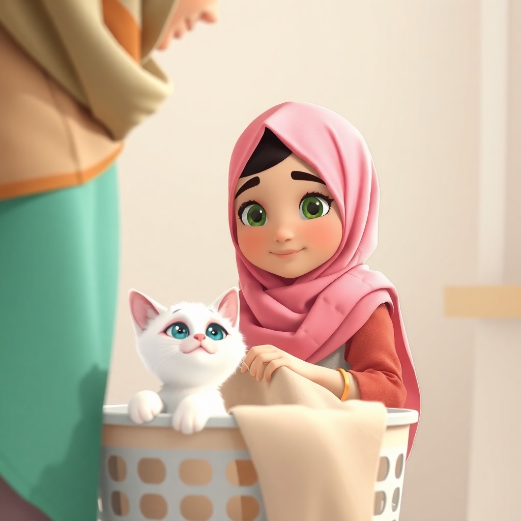 Maryam, 7 years old muslim girl, wears scarf, green eyes, helpful, energetic, lovely, is being shown how to fold a shirt by her mother. (Snowbell, a white cat with blue eyes, energetic, curious:1.1), peeks out from the laundry basket. Warm, inviting lighting. Side view, medium shot.