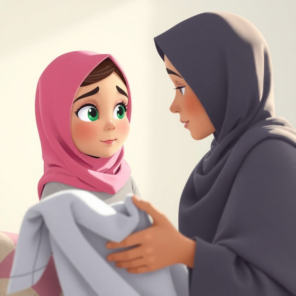 Maryam, 7 years old muslim girl, wears scarf, green eyes, helpful, energetic, lovely, looks at her mother with concern as they fold laundry. Her mother appears slightly tired. (Soft, diffused light:1.3). Side view, close-up.
