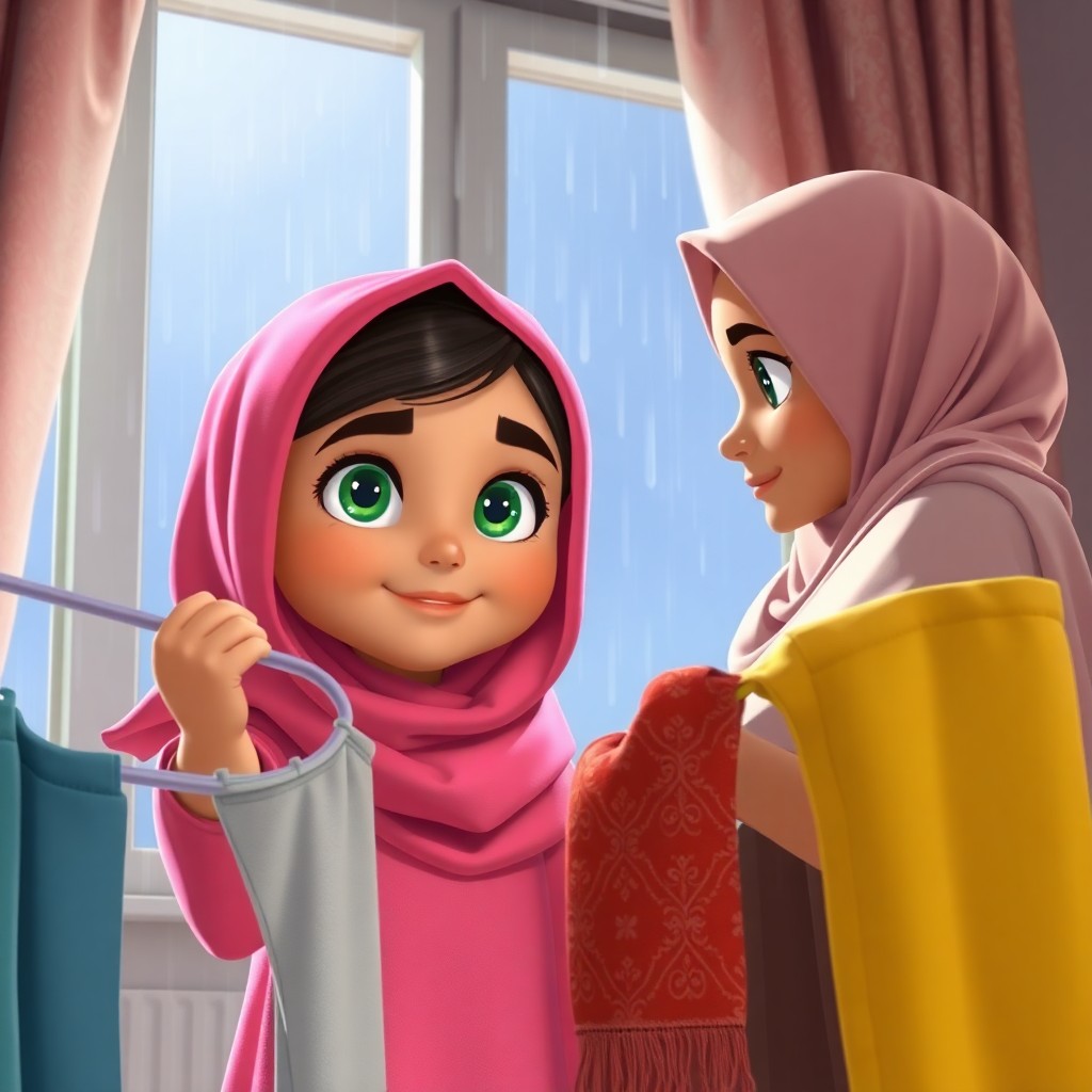 Maryam, 7 years old muslim girl, wears scarf, green eyes, helpful, energetic, lovely, and her mother hang laundry on a clothes rack indoors. (Rain streaks:1.3) down the window in the background. (Soft, indoor lighting:1.3). Side view, medium shot.