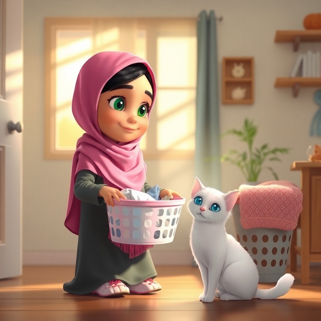Maryam, a 7-year-old muslim girl with green eyes, wearing a bright pink scarf, smiles warmly while holding a laundry basket. Beside her, Snowbell, a white cat with striking blue eyes, playfully bats at a stray sock. In the background, a cozy living room filled with sunshine streams through the window, creating a (warm and inviting:1.3) atmosphere. (Vibrant colors:1.5) emphasize the joyful scene of teamwork and family.