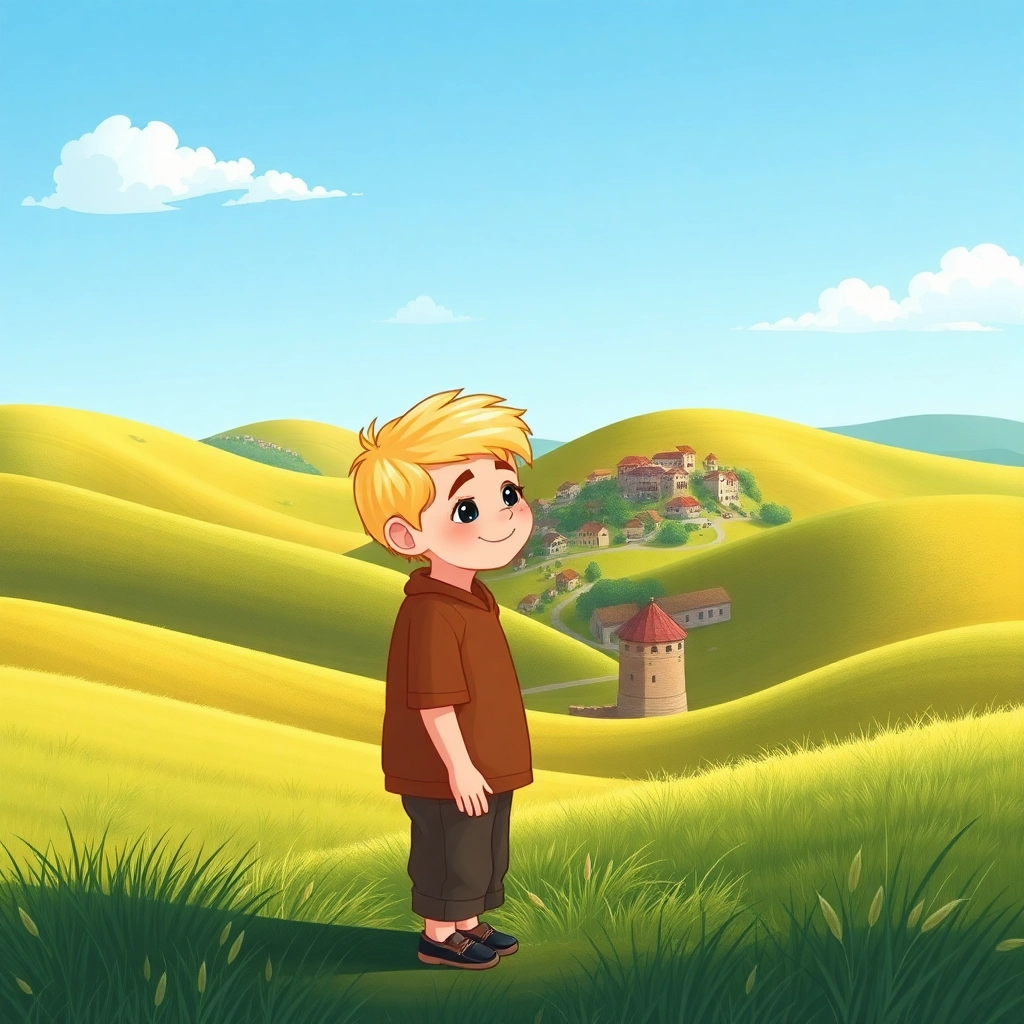 Rolling hills surrounding a quaint village under a clear blue sky. In the foreground, Musab, little boy with blonde hair, stands smiling, looking towards the village.