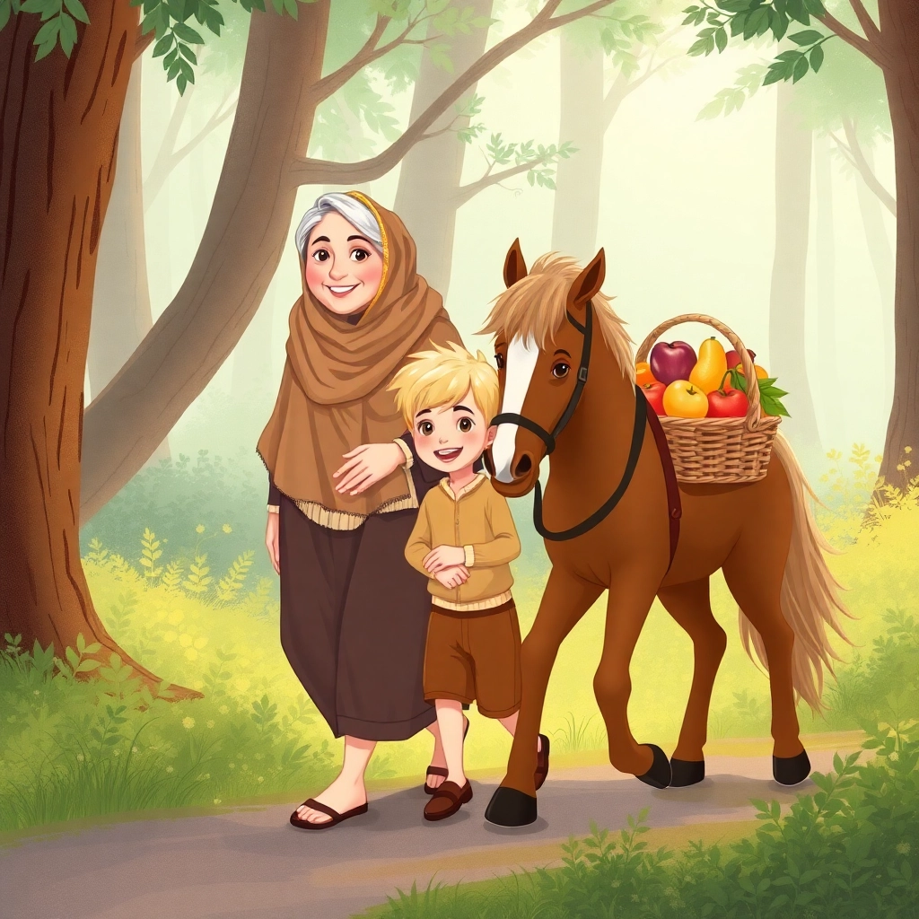 The old woman smiles kindly at Musab, little boy with blonde hair, as they walk together. Sahra, the brown friendly horse, walks calmly beside them.