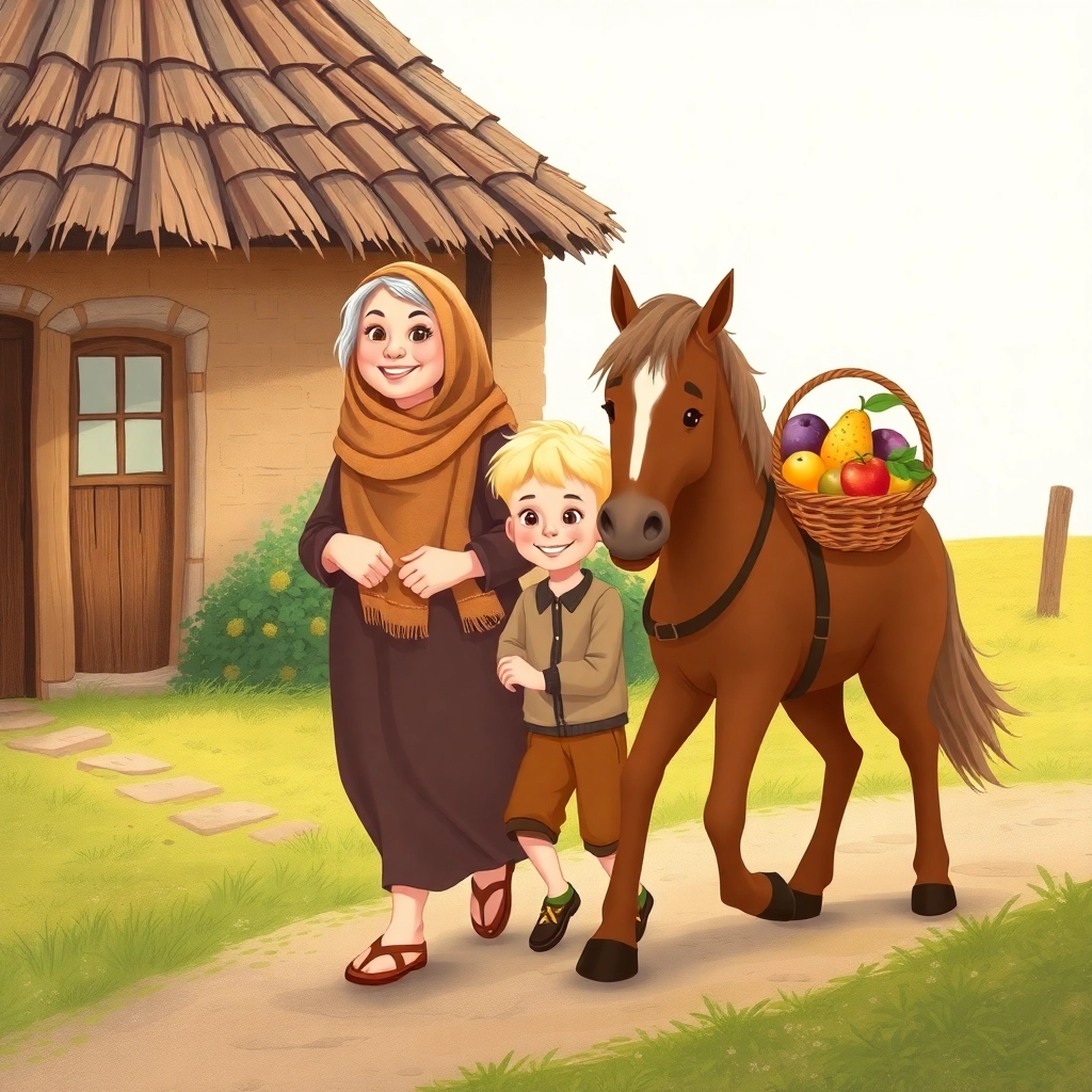 Illustration for children's book, The old auntie woman wears a scarf, smiles kindly at Musab, a little boy with blonde hair, wears brown pants, brown shoes as they walk together. Beside them, Sahra, the brown, friendly horse, walks, carrying a basket with overflowing fruits, creating a warm and peaceful scene in near the old woman’s cozy cottage. pastel colors.
