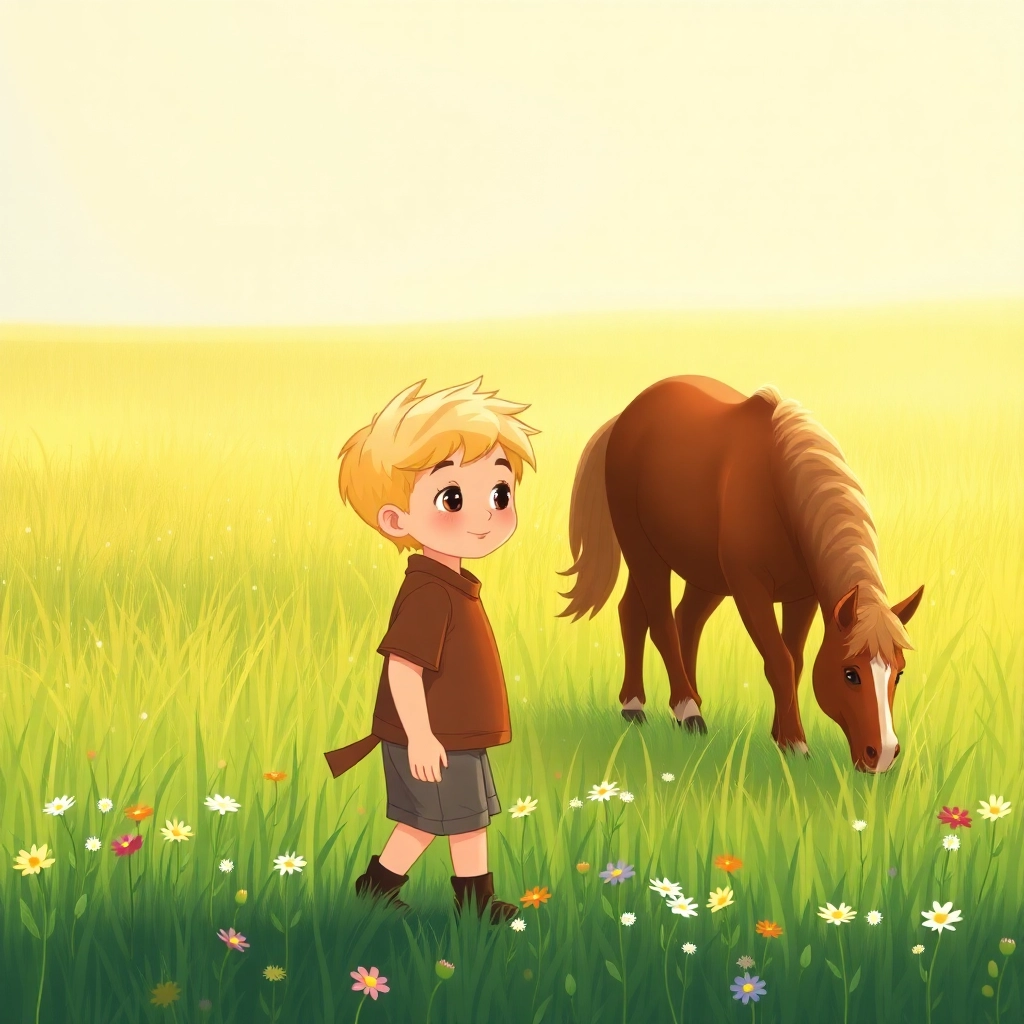Illustration for Children's Books, Musab, a 4-year-old little happy boy with blonde hair, wears brown. A vast green field with wildflowers. Soft morning light illuminates a single brown friendly horse, grazing peacefully. Musab is approaching cautiously to the horse, side view. pastel colors