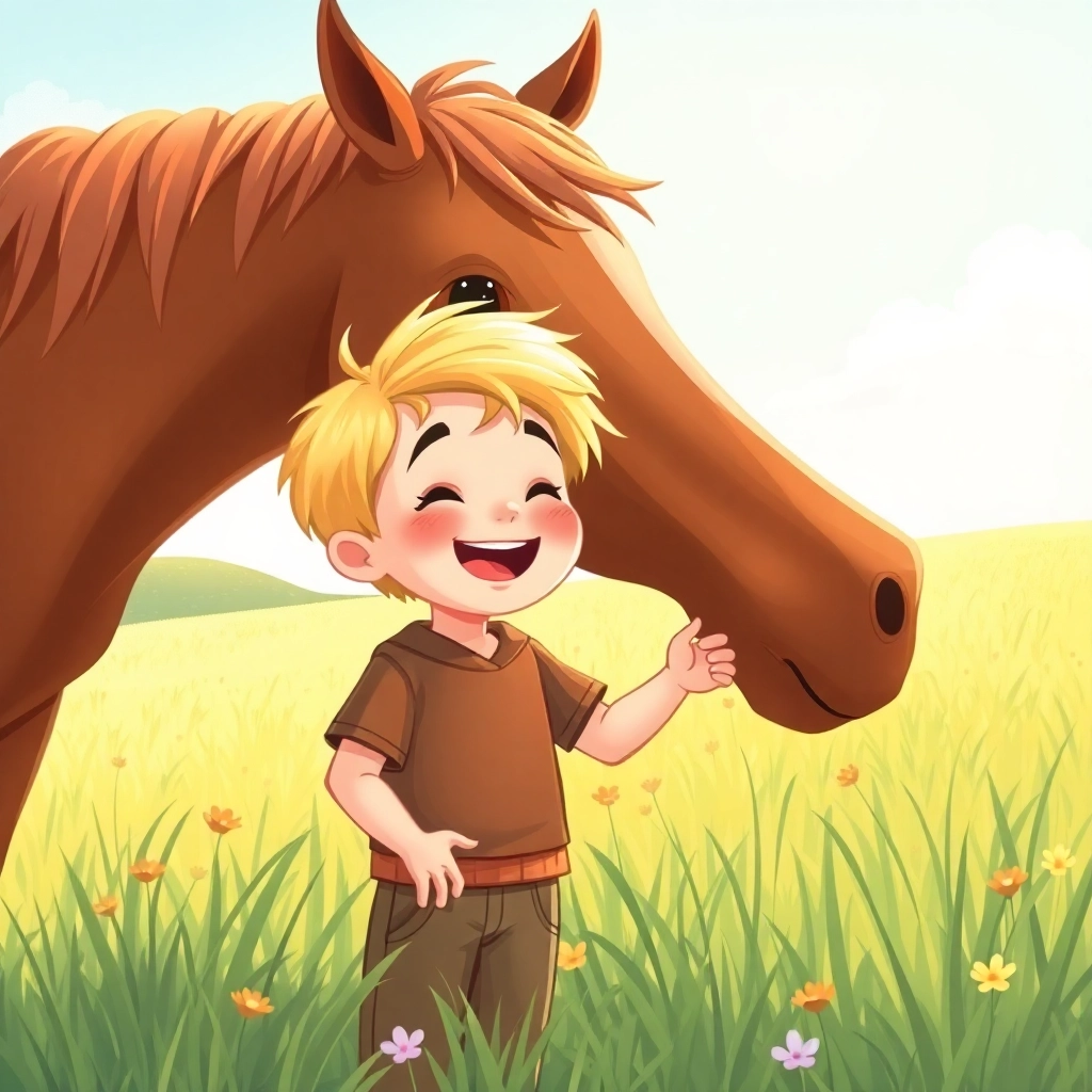 Illustration for Children's Books, Musab, a 4-year-old little happy boy with blonde hair, wears brown. is laughing as he pets Sahra, the brown friendly horse, in a sun-drenched meadow. The atmosphere is joyful and carefree. pastel colors