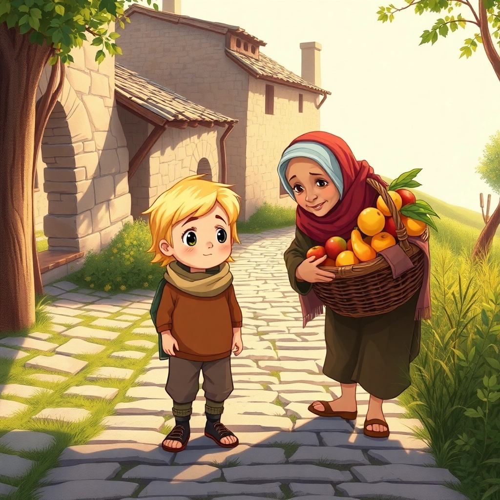 Illustration for Children's Books, Musab, a 4-year-old little boy with blonde hair, wears brown. A cobblestone path leading into a village. An old woman wears scarf with a shawl is struggling face to carry a large, overflowing basket with fruits. The afternoon sun casts long shadows. pastel colors